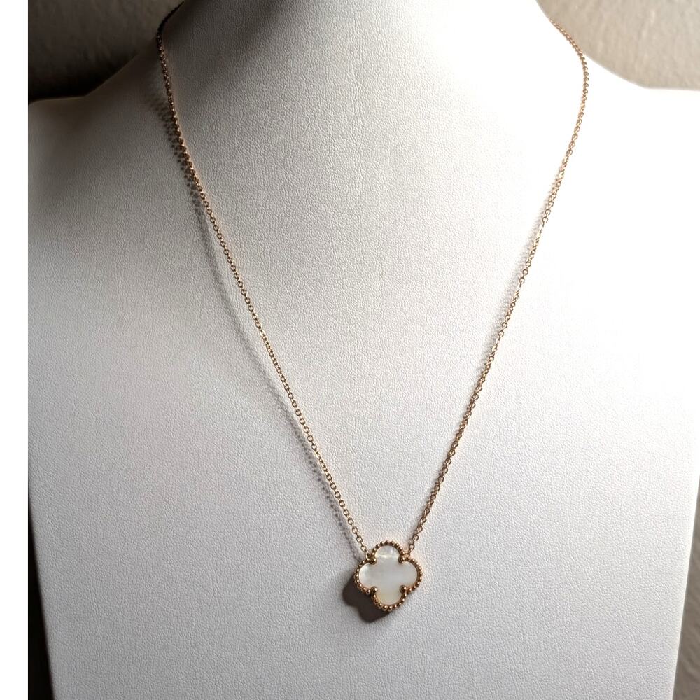 18K Rose Gold Plated Two Sided Quatrefoil Mother of Pearl CZ Pendant Necklace